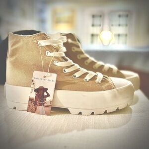 Sincerely Jules High-Top Sneakers in Tan and White